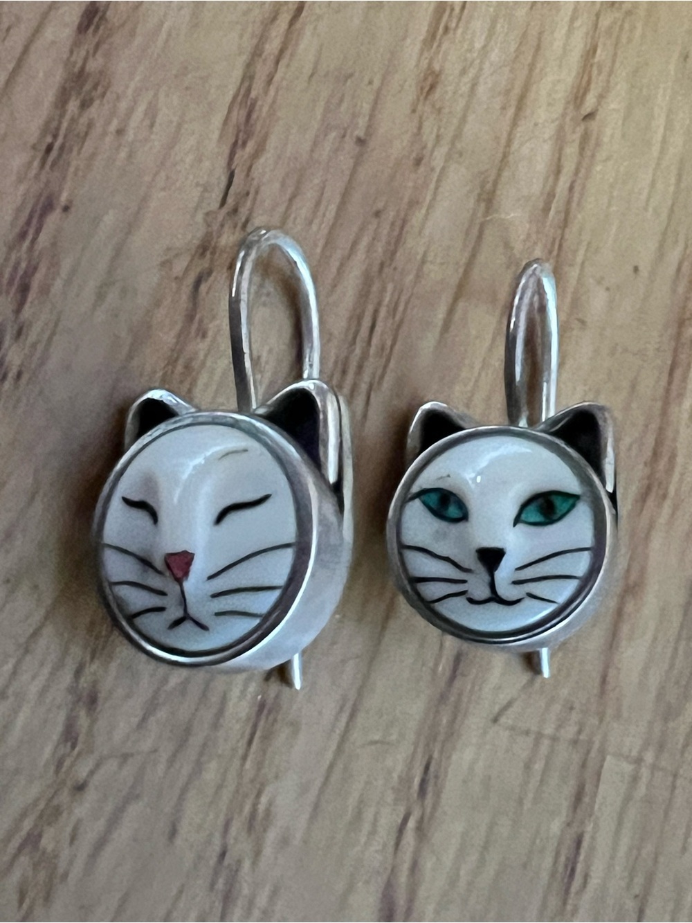 Sterling Silver Sleeping/Awake Cat Drop Earrings with fossilized walrus tusk.